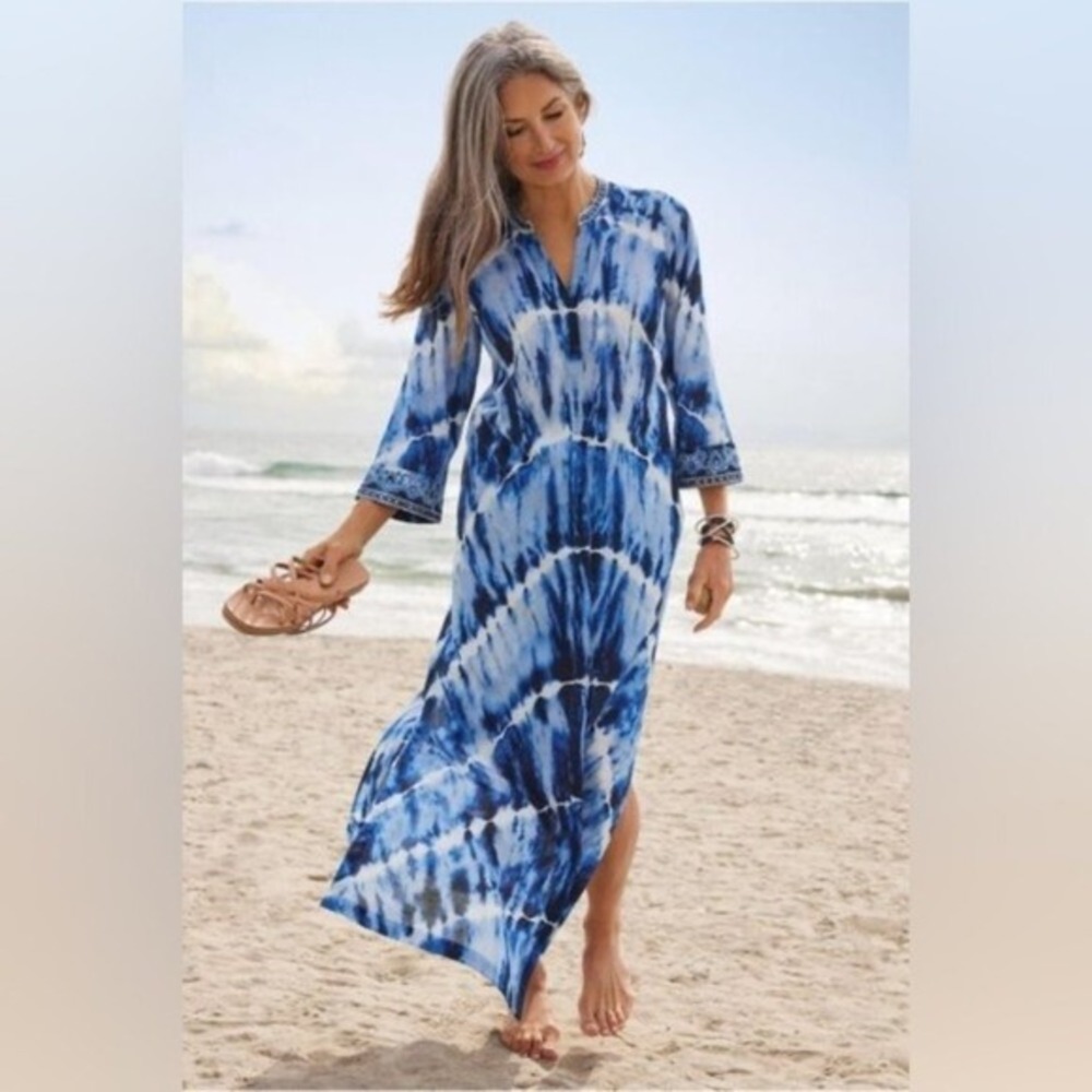 NWOT‎ Soft Surroundings Sea Sprite Tie-Dye Maxi Kaftan Dress Size XS Embellished